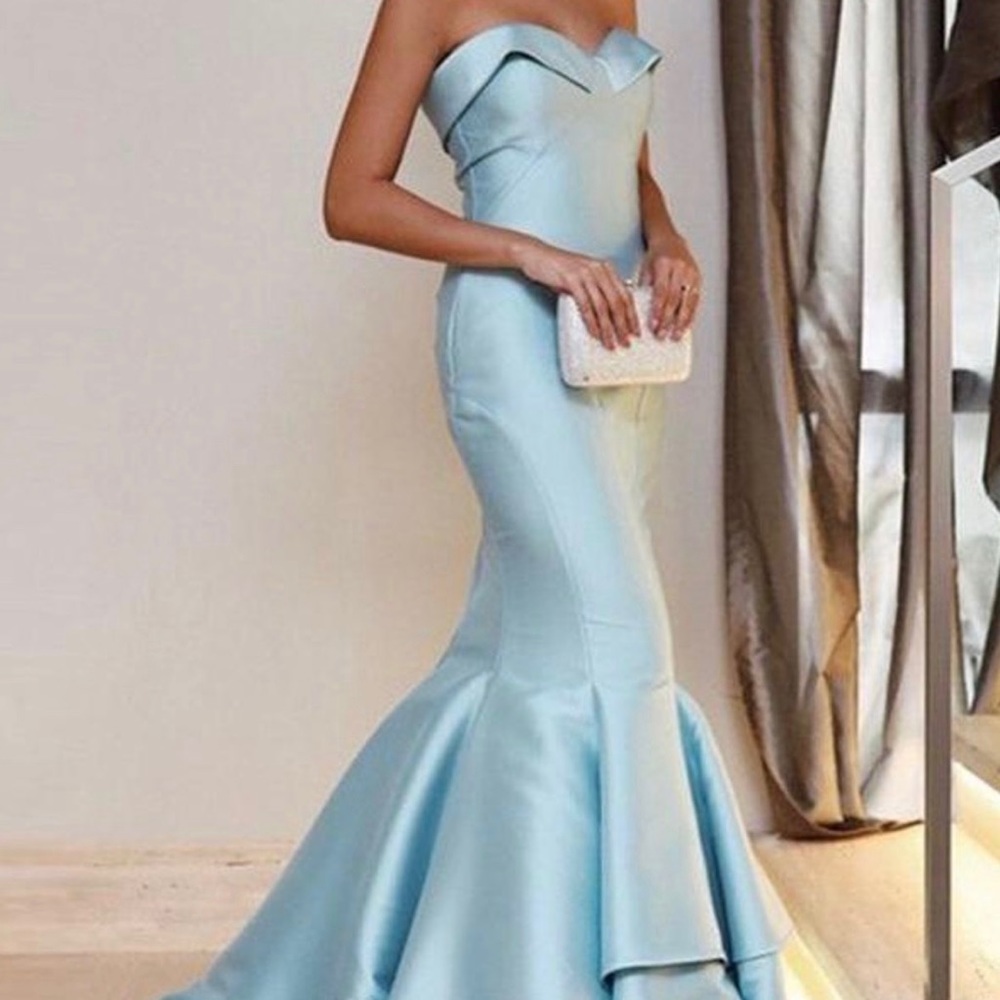 Custom Made Couture Sky Blue Ruffled Gown